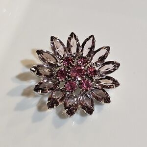 Elegant Pink and Silver Floral Brooch with Flower 14K Gold Plated Silver